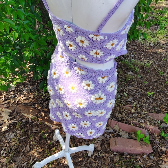 AKIRA SZ M CROCHET LAVENDER DAISIES TOP &MINI SKIRT SET FESTIVAL BOHO - Picture 4 of 7